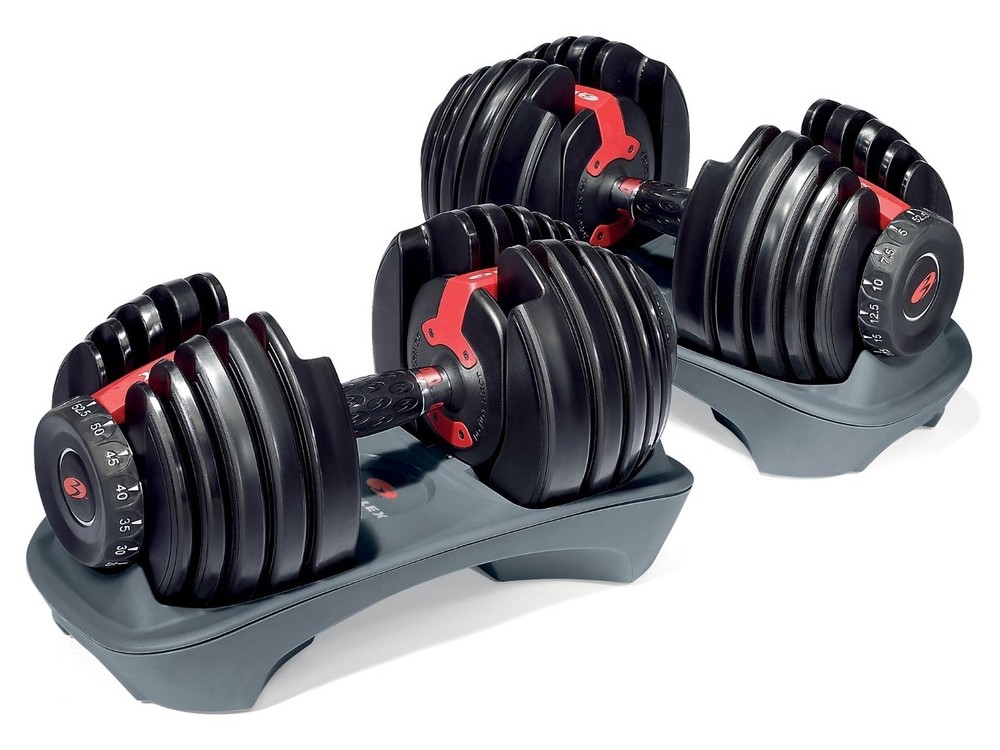 Product image of new red and black Bowflex Selecttech 552 adjustable dumbbells