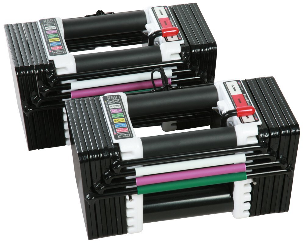 Product image of a new pair of PowerBlock Elite adjustable dumbbells
