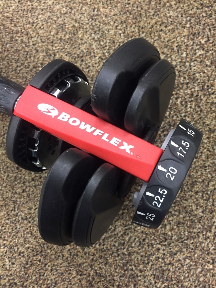 Image showing the end of the Bowflex SelectTech 552 with two weight plates attached