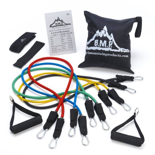 Image of the Black Mountain Products Resistance Band Set with Door Anchor, Ankle Strap, Exercise Chart, and Carrying Case