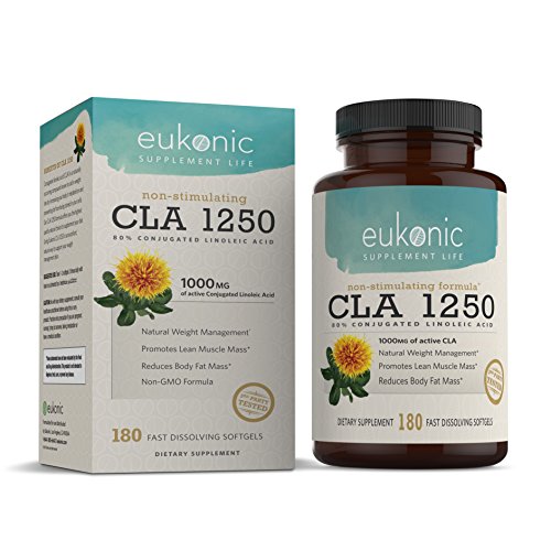 Image of the CLA 1250 mg by Eukonic | 180 Softgels | Natural Diet Pills for Increased Weight Loss and as a Fat Burner | 100% Safflower Oil | Lose Weight Faster! | Non-GMO | 3rd Party Tested