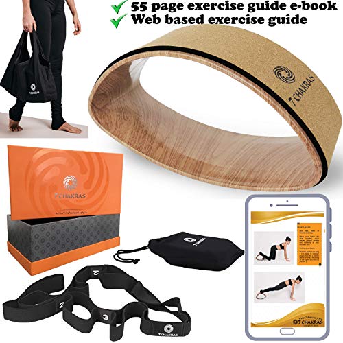 Image of the 7 Chakras 5 Piece Cork Yoga Wheel Set for Stretching | New Stretch Band with Loops and 2X Travel Bags | 55 Page PDF Exercise Guide | Yoga Equipment for Physical Therapy